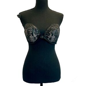 Victoria’s Secret nude black lace crystal rhinestone padded strapless bra 34D